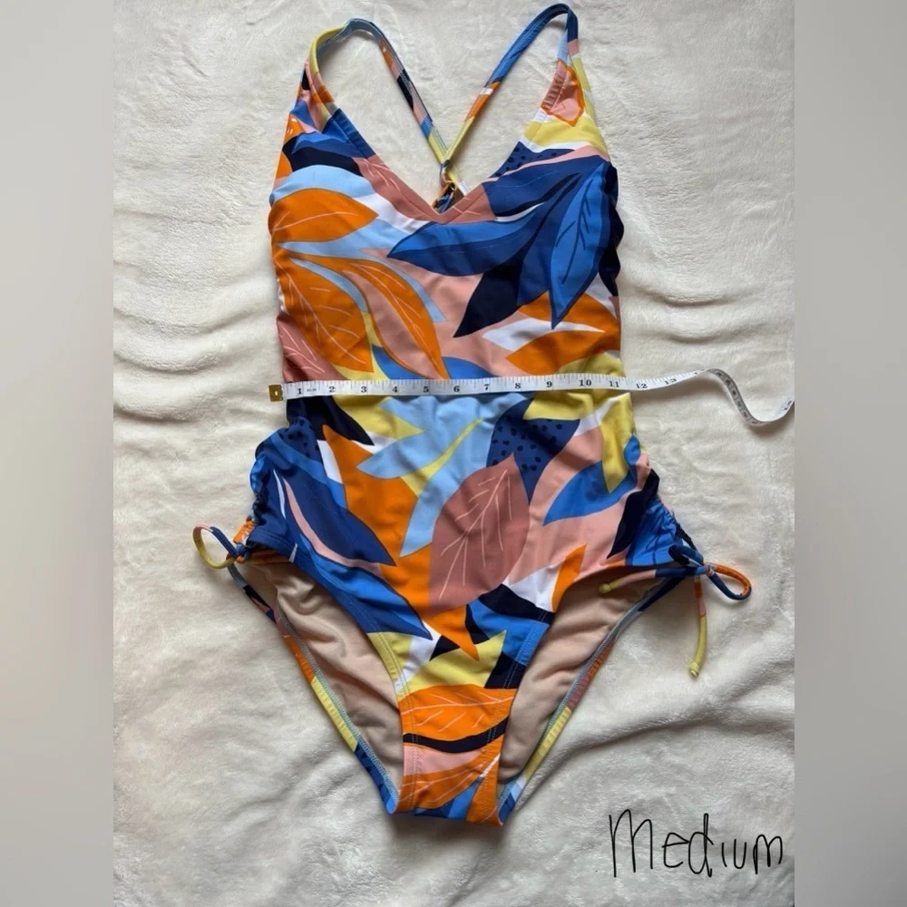 Kona Sol Tropical Floral Print One-Piece Swimsuit Orange Blue